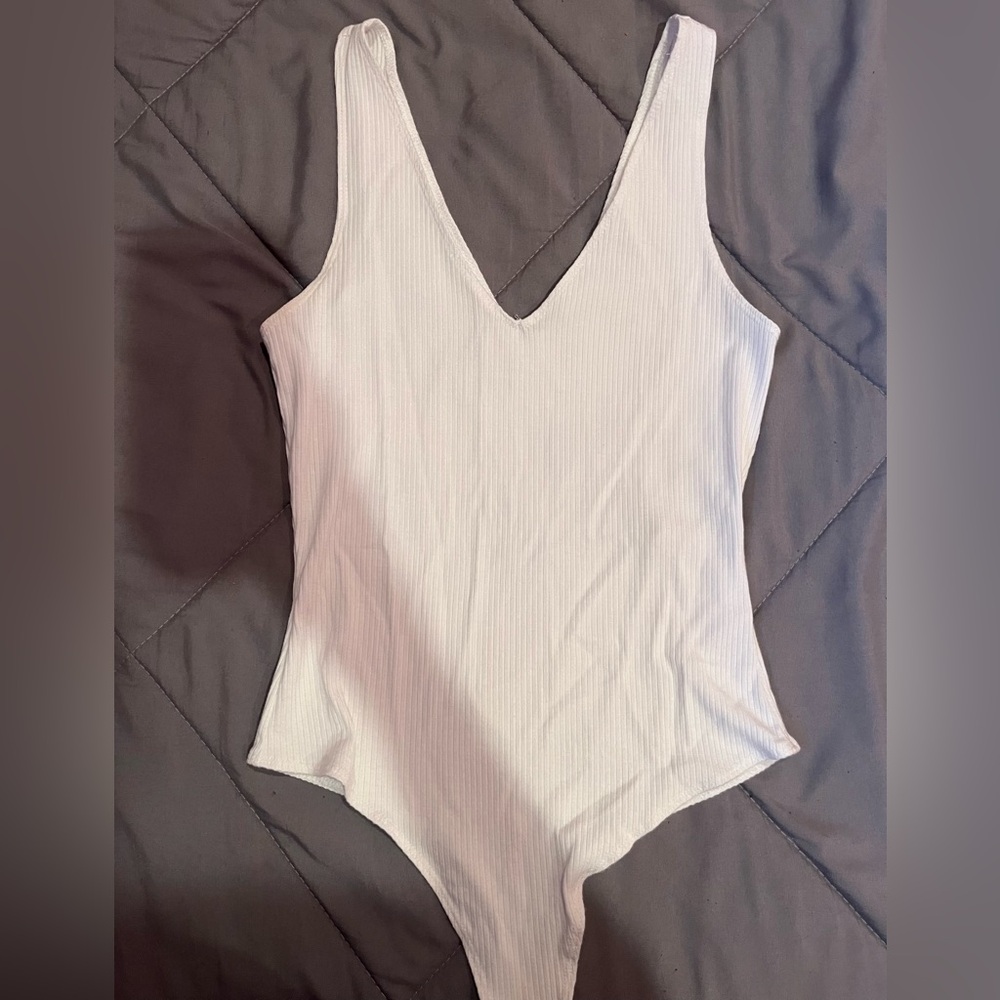 White Ribbed V-Neck Bodysuit